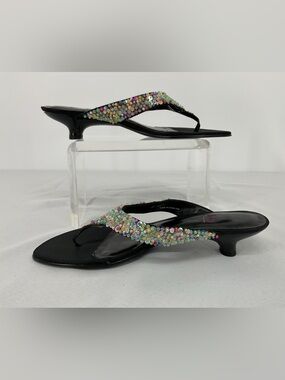 Impo Black Multicolor Beaded Kitten Heel Thong Sandals size 9.5
